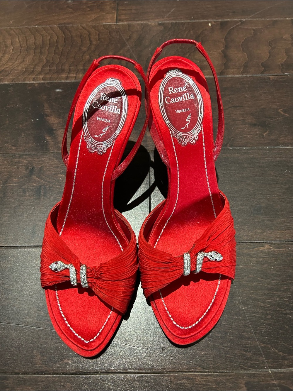 Rene Caovilla Red Satin Knot Slingback Heels with Crystal Accents